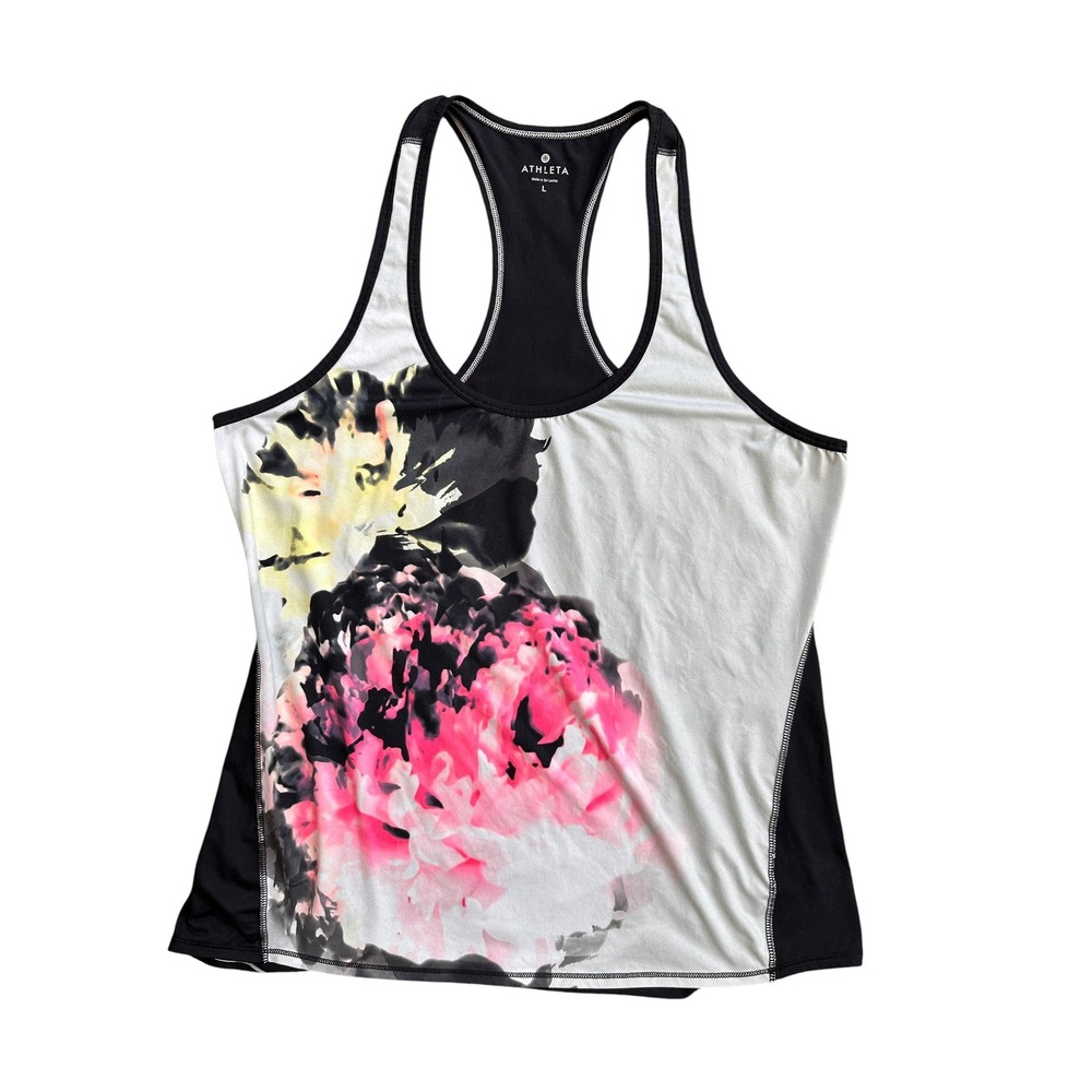 Athleta Tank Top Womens Large Black Pink Floral Racerback Excellent Condition